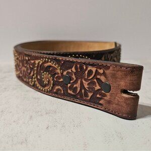 Tooled Justin Leather Belt c20555 Floral Pattern Brass Accents Sz 30 NO BUCKLE